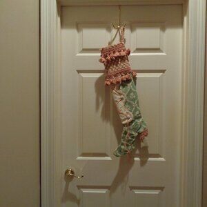 Victorian stocking with tassels, ribbon laces, brocade, buttons, 27"